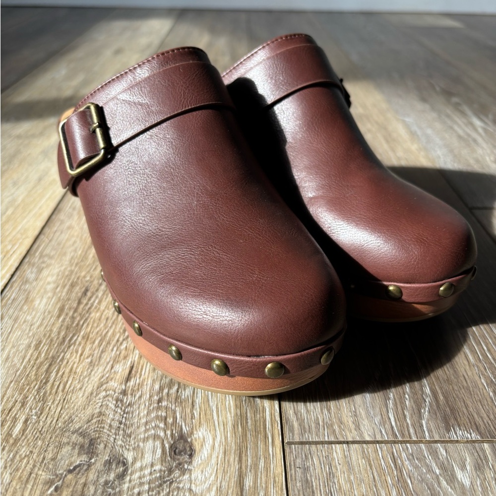 SODAS Leather Clogs with Buckle and Stud Accents- Brown- Size 8.5 Women’s